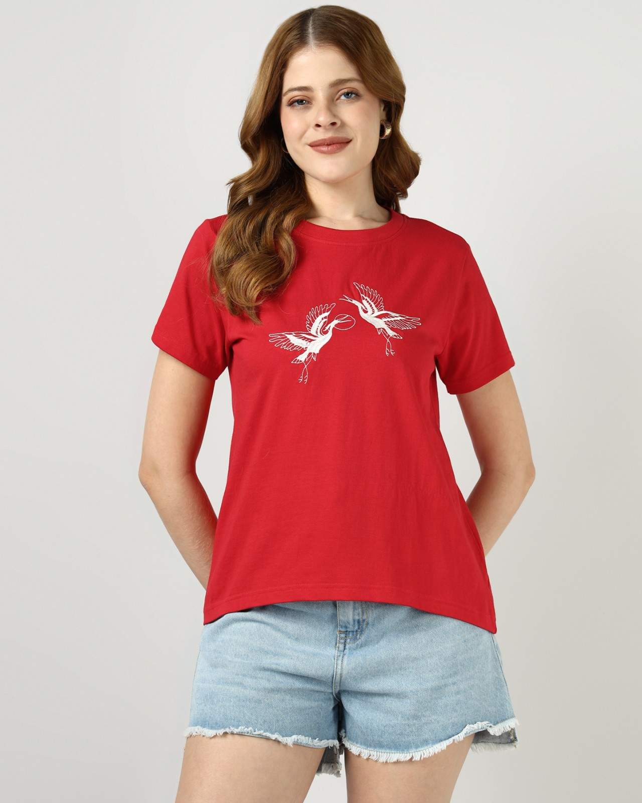Red Regular Tshirt with flamingo embroidery